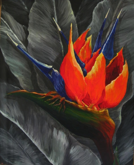 Painting of a Bird of Paradise Bloom nestled in neutral 
